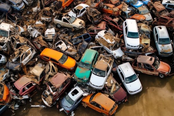 Old cars in a salvage yard with rust and wear, symbolizing the choice between restoration and recycling."
